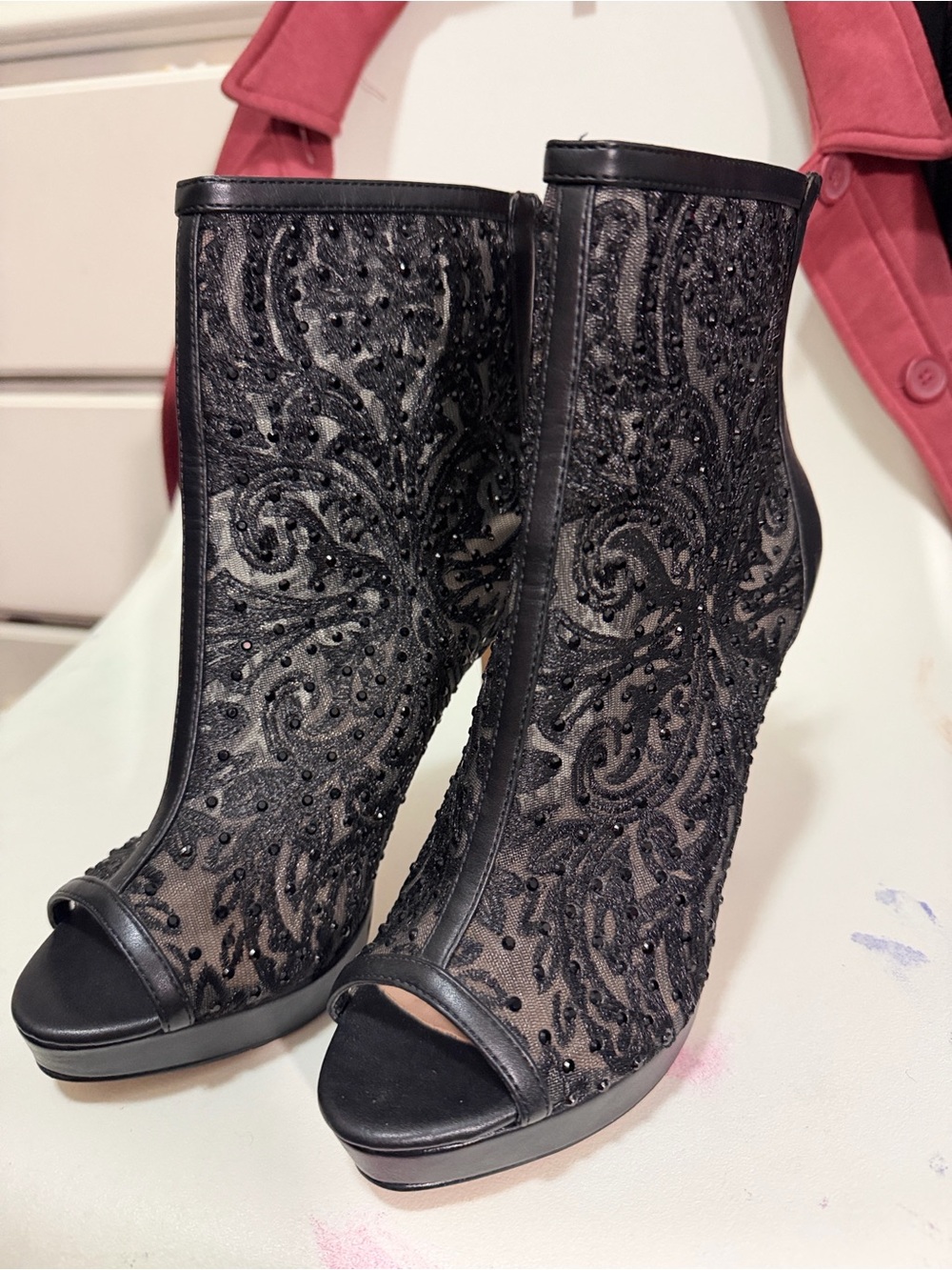 Aldo Black Beaded Lace Peep-Toe Ankle Boots